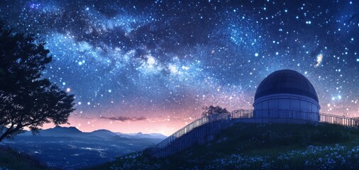 Obraz premium Enchanted anime-style Starry Night at the Observatory: A Magical Night Sky Experience for Astronomical Education and Star Gazing, Ideal for Travel Posters and 4K Wallpapers,Anime-Style,illustration,Pi