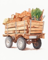 Obraz premium Wooden cart filled with logs and greenery, perfect for rustic and agricultural themes in artwork and design. watercolor style.