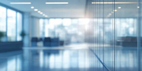 Modern office interior with glass walls and warm lighting, blurred background for corporate business concept