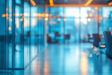 Modern office interior with glass walls and warm lighting, blurred background for corporate business concept