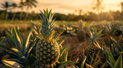 Fototapeta premium Fresh pineapple fruit growing in plantation field in farm