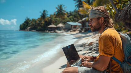 A digital nomad working on a laptop from a tropical beach, with the ocean in the background
