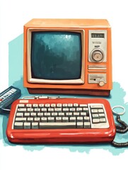 Vintage Computer Setup with Red and Orange Color Palette