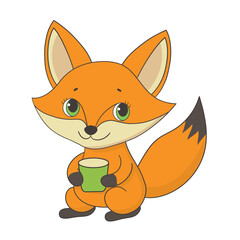 Little funny cute fox holding a mug, vector illustration