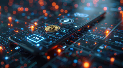 A digital wallet on a smartphone screen, with various cryptocurrencies displayed and a futuristic background
