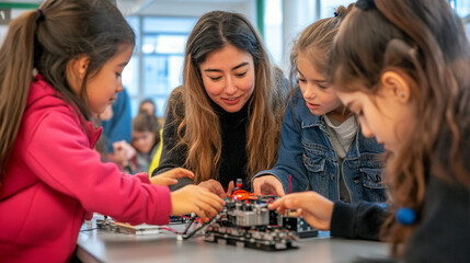 Fototapeta premium Female teacher helping girls work on a small robot, assembling a robotic kit in an after-school robotics club, highlighting children’s involvement in science and technology.