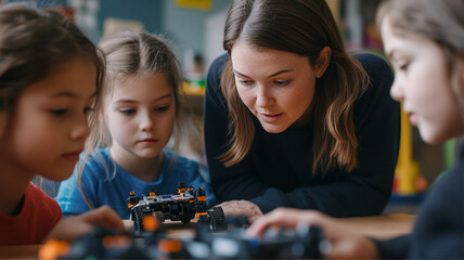 Female teacher helping girls work on a small robot, assembling a robotic kit in an after-school robotics club, highlighting children’s involvement in science and technology.

