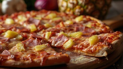 Closeup macro view of fresh pineapple pizza closeup view