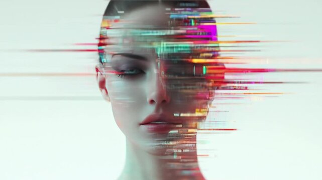 cyborg woman face hair head glitchy screen distortion hack code computer delay 