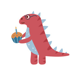 Dinosaur birthday party. Hand-drawn cartoon animal character for children background. Birthday cake with candle, muffin. Vector isolated on white background