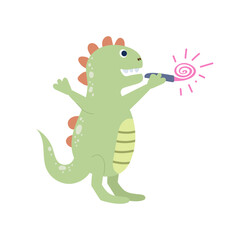 Dinosaur birthday party. Hand-drawn cartoon animal character for children background. Vector isolated on white background
