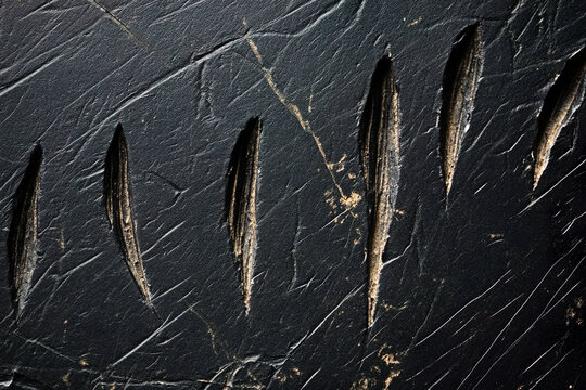 Black dark wooden surface scratched by the claws and fangs of a wild animal close up