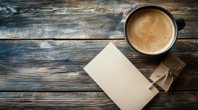 A cup of coffee on a rustic wooden table, with a handwritten note or card beside it, leaving space for custom text. The cozy, inviting atmosphere is ideal for personal messages or branding.