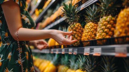 A female shopper is picking fresh pineapple for sale in fruit grocery store