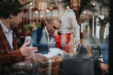 Professionals engaging in a business meeting at a modern cafe, collaborating and discussing together.