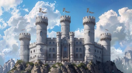 Fantasy castle with soaring towers and magical banners, regal castle, epic grandeur