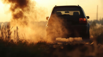 A car drives through a dusty landscape at sunset