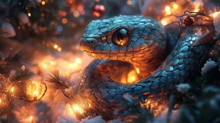 Fototapeta premium A snake decorated with festive lights and garlands on a bright and colorful New Year's background. The symbol of the year 2025.