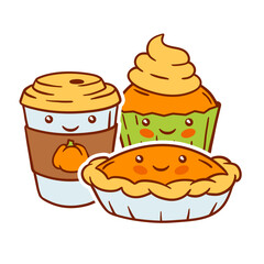 Autumn kawaii food. Happy Thanksgiving Day and Halloween traditional cute symbols.