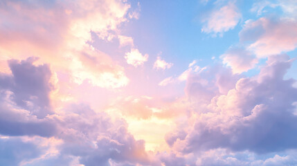 Obraz premium Serene sky at sunrise or sunset with soft pink, orange, and purple hues illuminating fluffy clouds, showcasing the tranquil beauty of nature