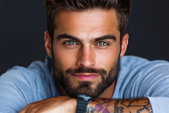 A close up portrait of a confident man with piercing blue eyes and a beard embodying modern masculinity strength and the rugged charm that resonates with contemporary fashion and lifestyle imagery