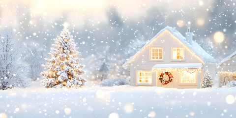 Naklejka premium Cozy Winter Night Scene of a Decorated Christmas House