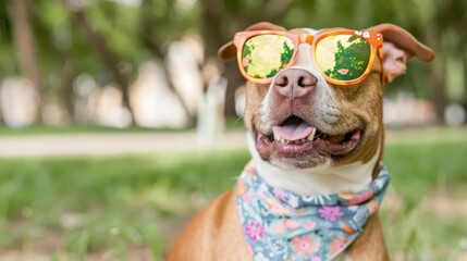 Dog wearing a bandana and sunglasses, sitting in a park, National Dog Day, playful and stylish