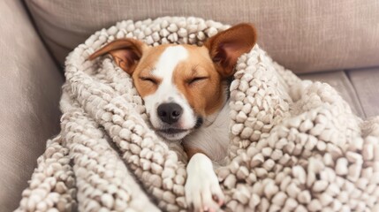 Puppy napping in a soft blanket on a couch, National Dog Day, peace and relaxation