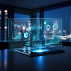 Futuristic Data Analytics Dashboard Hologram Display in Modern Office