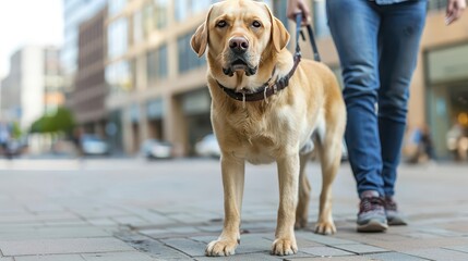 Dog exploring a city on a leash with its owner, National Dog Day, urban adventure