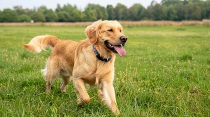 Dog playing fetch in a large open field, National Dog Day, exercise and fun
