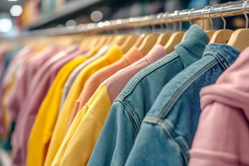 Obraz premium A well organized clothing display featuring pastel colored jackets representing the fresh light and trendy appeal of modern outerwear for all seasons
