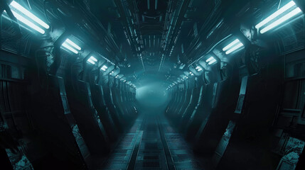 Dark spooky interior of futuristic alien spaceship, scary corridor inside extraterrestrial...