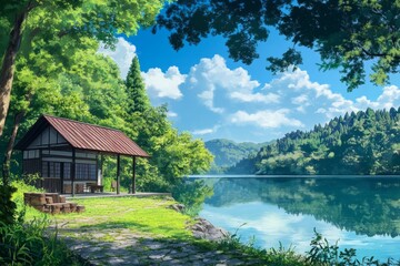 Obraz premium anime-style Enchanted Lakeside Cabin: A Tranquil Summer Retreat Amidst a Serene Mirror-Like Lake, Free from Tourist Clutter,Anime-Style,illustration,Picture BooksFor Poster,Novel,UI,WEB,Game,Design,Ab