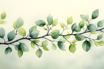 Obraz premium Watercolor illustration of a twig with delicate green leaves on a light background.