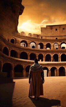 Man from ancient Greece, at the entrance to the Roman colyceum with Greek travel costume, chlamys, garment hanging on his back