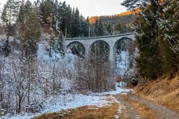 View of Landwasser Viaduct, Rhaetian railway, Graubunden in Switzerland at winter