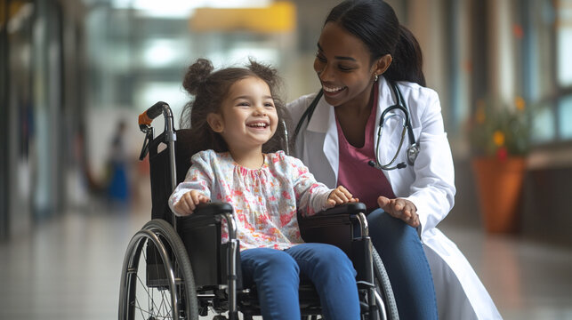 Young multiracial doctor having fun with a little girl in a wheelchair, showcasing a playful and supportive interaction in a healthcare setting.

 - Powered by Adobe