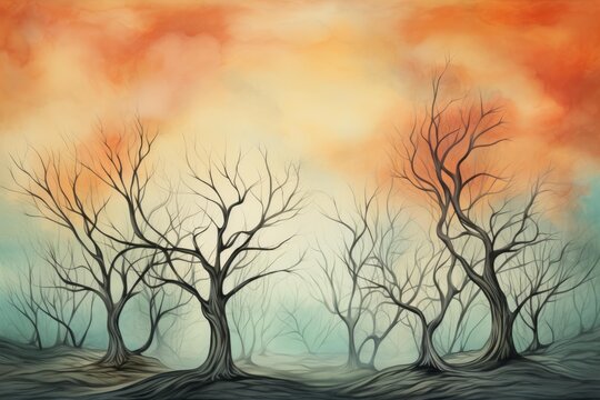 Artistic depiction of bare trees on a swirling, dreamlike autumnal landscape