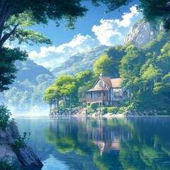 Fototapeta premium anime-style Enchanted Lakeside Cabin: A Tranquil Summer Retreat Amidst a Serene Mirror-Like Lake, Free from Tourist Clutter,Anime-Style,illustration,Picture BooksFor Poster,Novel,UI,WEB,Game,Design,Ab