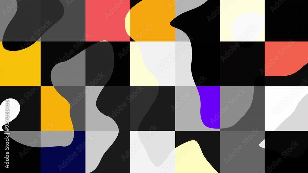 Poster Colorful figures move in retro animation design style. Motion. Stylish animation with application of geometric shapes. Geometric shapes move in