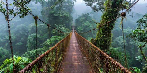 Obraz premium stunning suspension bridge stretching through dense, misty rainforest, adventure and connection with nature. eco-tourism and exploration in remote, untouched environments