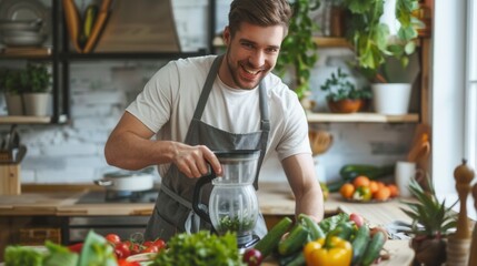 Fototapeta premium A male is making a healthy smoothie drink with a blender mixer in kitchen