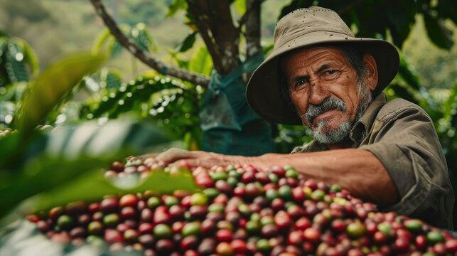 Collection of coffee beans by Hispanic farmer from peeling machine