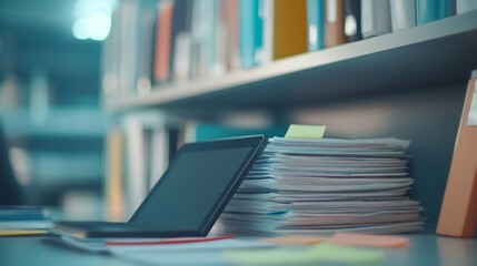 Office Desk with Stack of Papers and Laptop