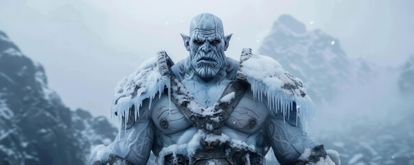 Frost giant with icicles and snow-covered armor, frost giant, elemental might