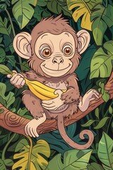 Cute monkey eating banana fruit in forest