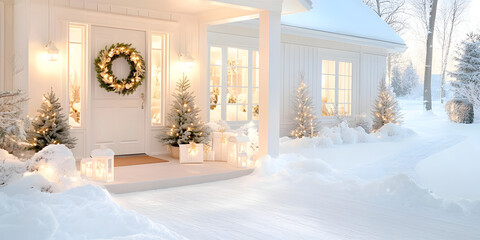 Fototapeta premium Cozy Winter Night Scene of a Decorated Christmas House