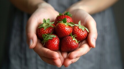 Hands of a female holding fresh strawberry fruit closeup view