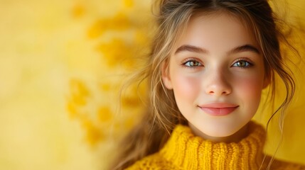 Fototapeta premium Fashionable Teenager Presenting Hair Serum on Yellow Clean Background with Studio Lighting and Copy Space for Text.